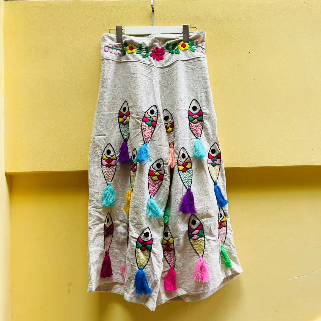 四两民族风卡通刺绣裤子
