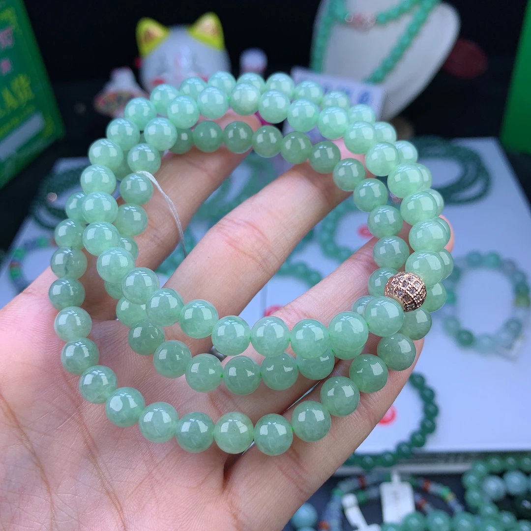 正品缅甸天然翡翠A货冰透晴绿翡翠项链9mm气质长链轻奢时尚绿色
