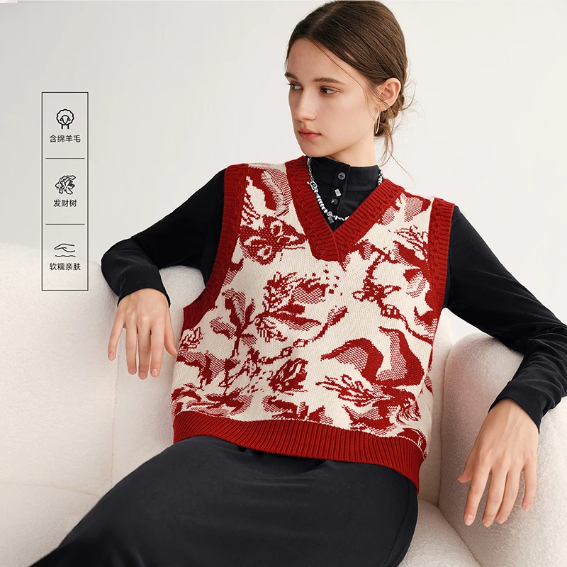 MSLAN东方美学 个性发财树撞色提花针织V领新年红针织衫MGDW503