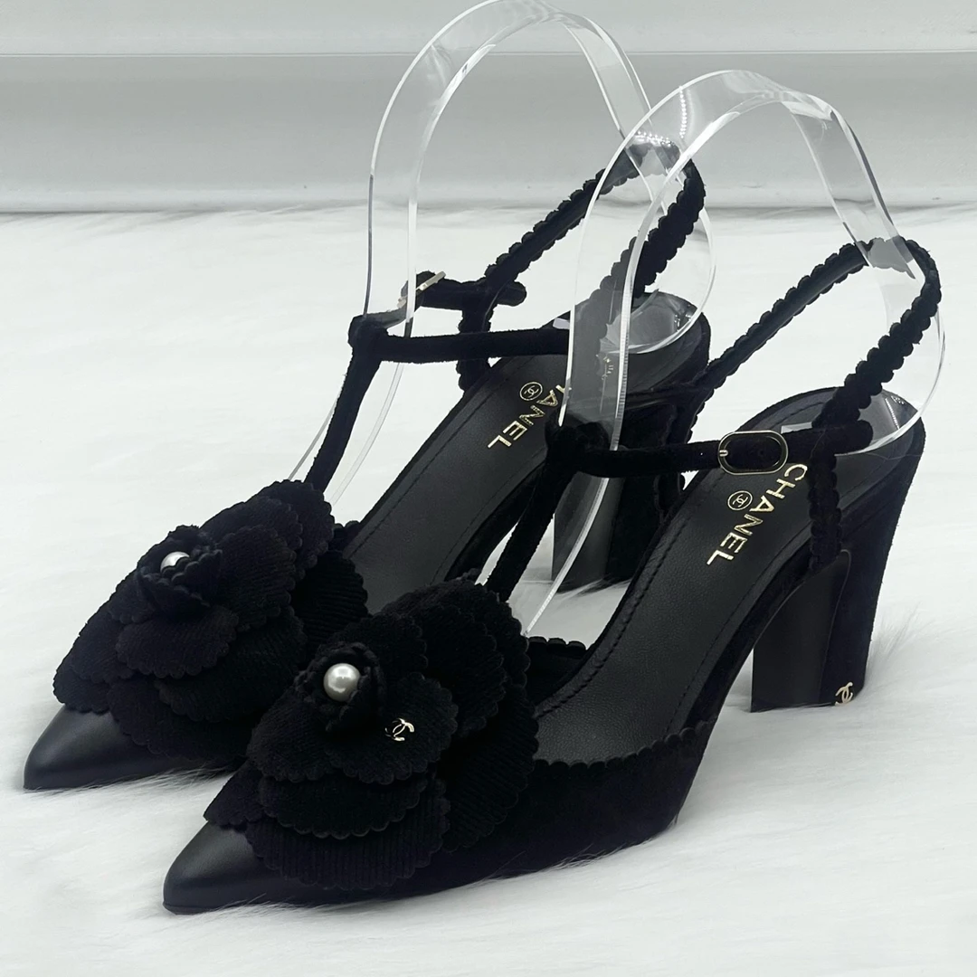 99新 Chanel/香奈儿 24B·山茶花尖头高跟鞋 37码 公价1w j1228