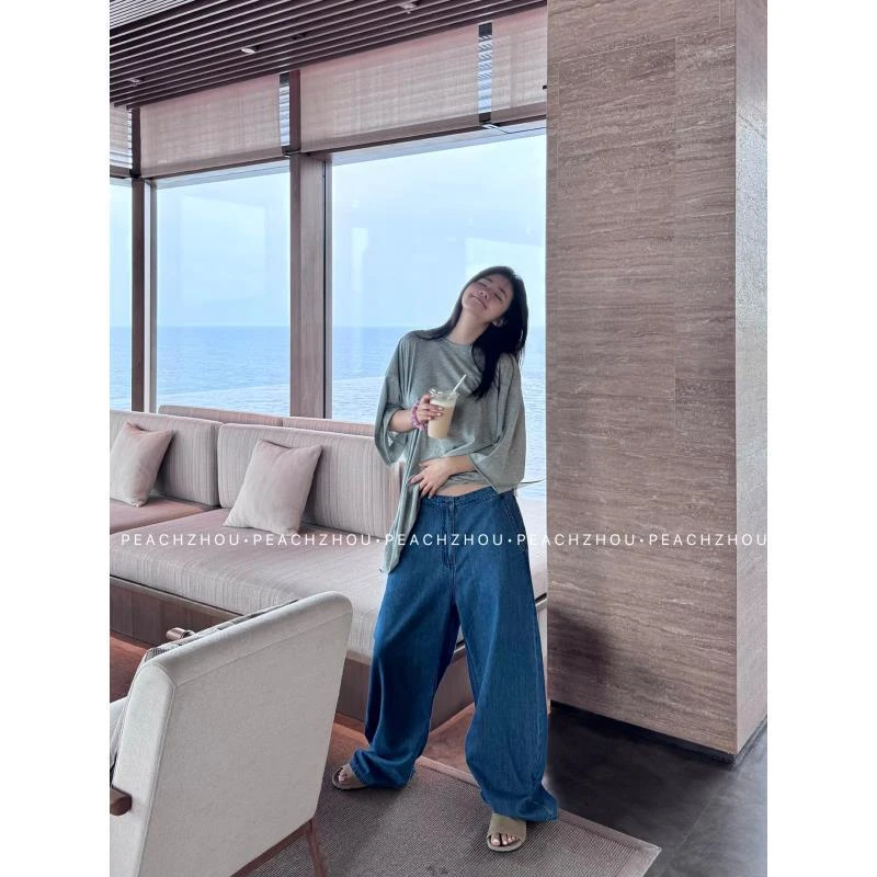 『PEACHZHOU』轻薄基础纯色丹宁宽松直筒牛仔裤美式休闲通勤阔腿裤