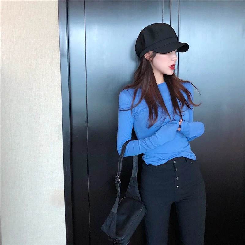 简约基础款chic紧身弹力卷边糖果色修身内搭长袖T恤女打底衫上衣