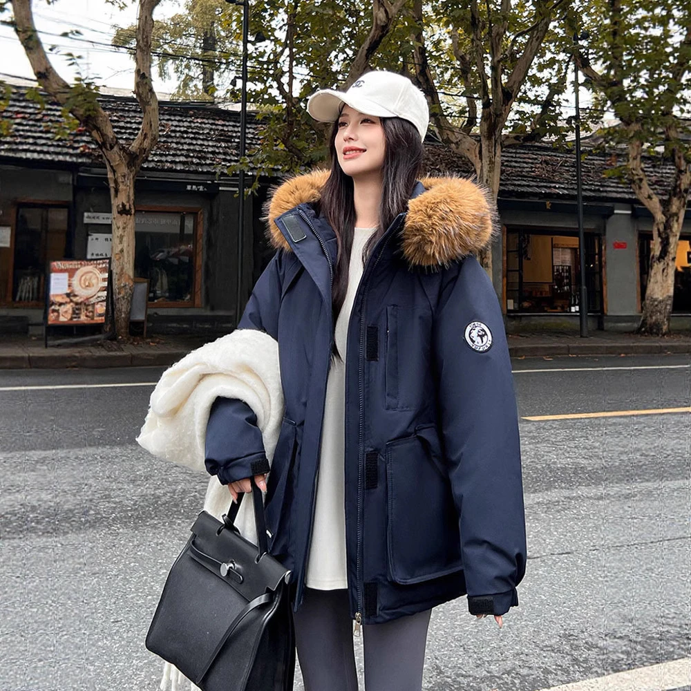 2025冬季新款工装派克棉服女加厚保暖宽松连帽大毛领棉袄外套