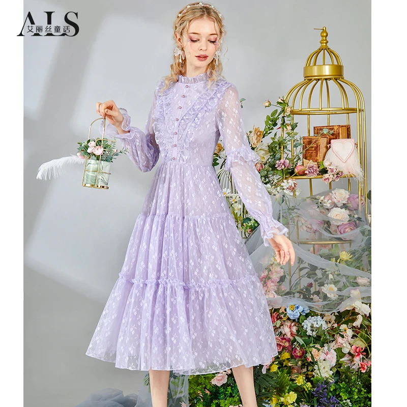 艾丽丝2024新款甜美刺绣仙女裙网纱中长款公主风连衣裙女HL804QH
