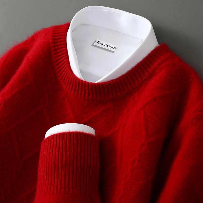 一件顶两件！男士圆领纯羊绒衫菱形扭花毛衣休闲商务打底针织衫