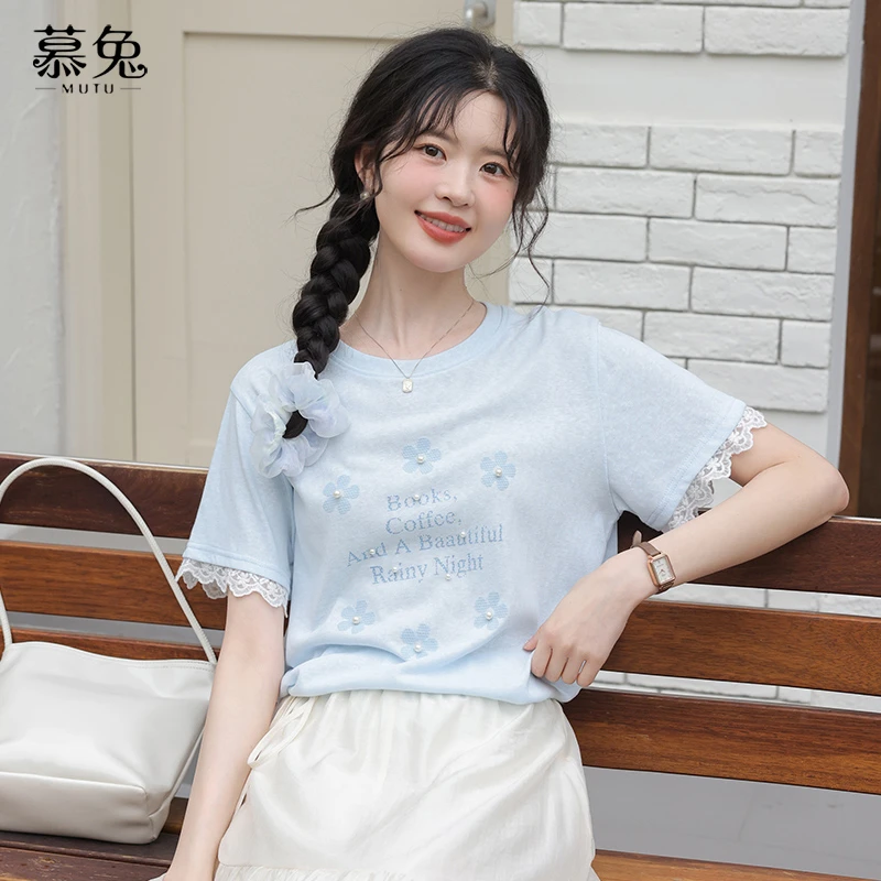 【小铃铛】TU27578甜美蓝色蕾丝拼接短袖t恤温柔风钉珠印花上衣