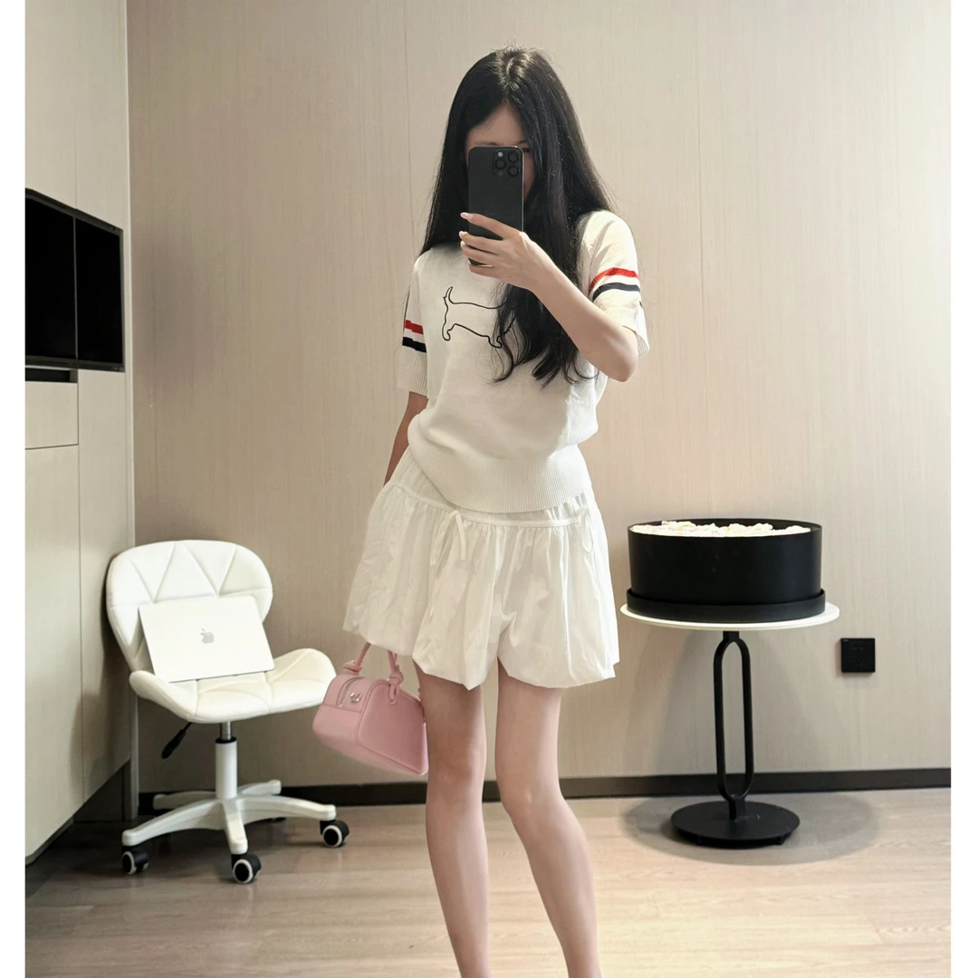 狗学院风刺绣短袖圆领女毛针织衫时尚夏季百搭休闲宽松上衣白色