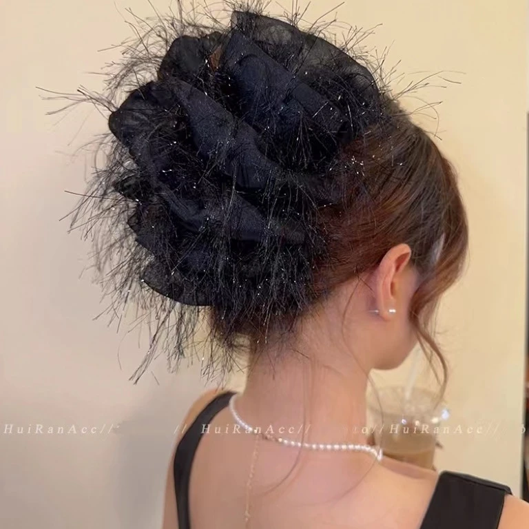 多层蝴蝶结发夹女脑勺发饰大号羽毛抓夹高级感显发量头饰鲨鱼夹子