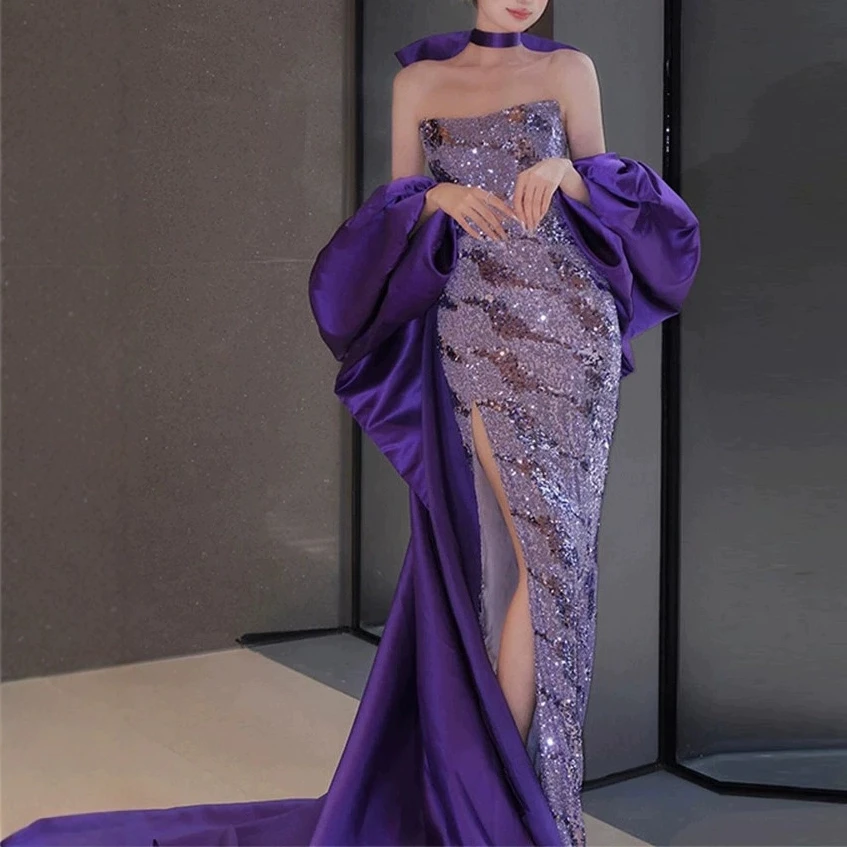 晚礼服紫色气质名媛生日宴会新娘敬酒服轻奢小众主持人鱼尾连衣裙