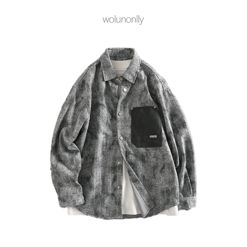 秋季美式复古轻奢休闲小香风衬衫外套男痞帅宽松拼接翻领衬衣夹克