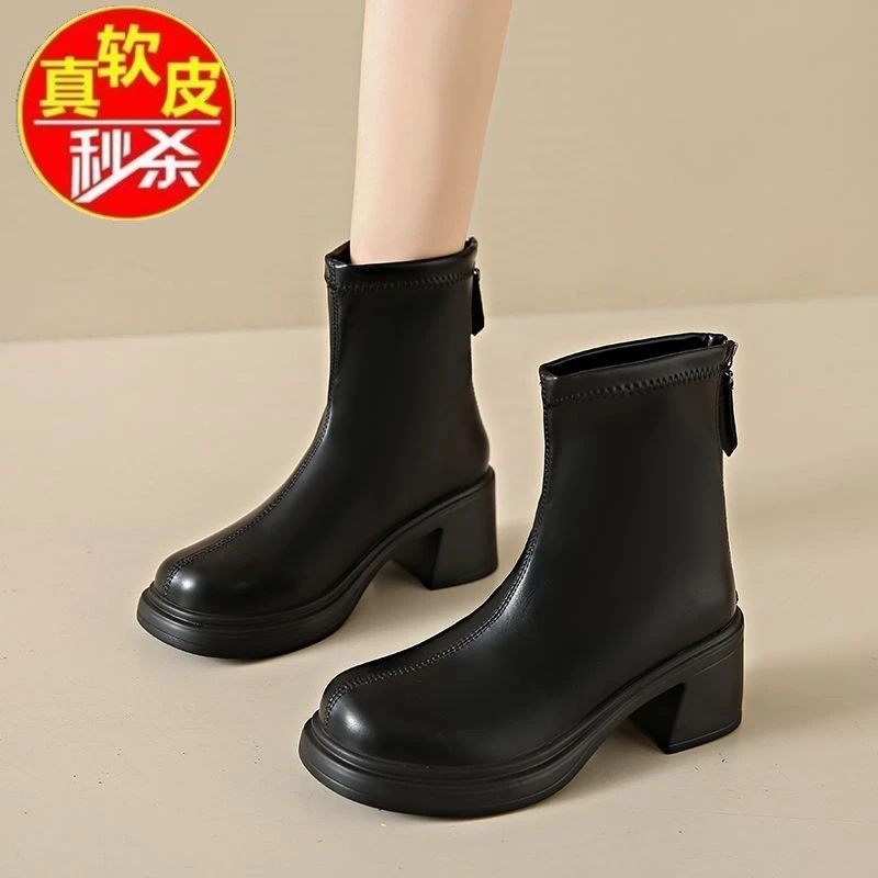 品牌断码真皮粗跟马丁靴女新款秋冬高跟短靴女复古加绒瘦瘦靴子女