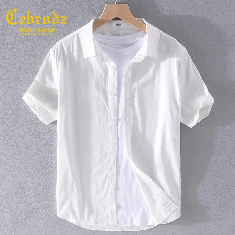法国Cebrodz纯棉薄款商务短袖白衬衫男夏装上衣翻领宽松半袖衬衣