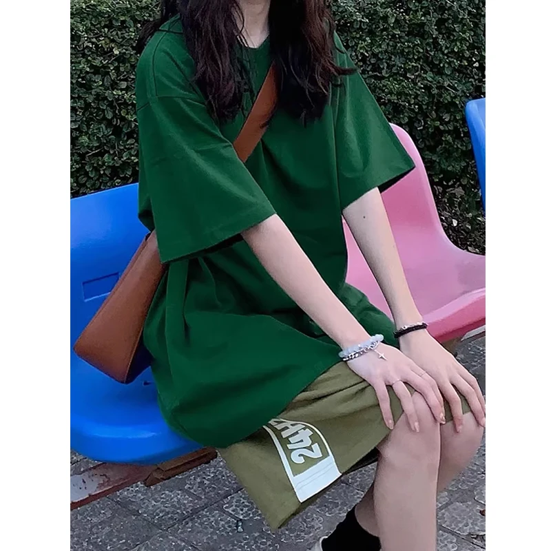 美式复古纯棉短袖t恤中长款女夏季新款宽松休闲百搭上衣ins潮牌