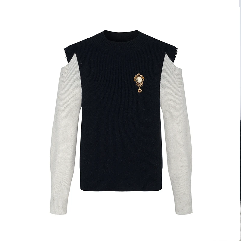 【诗语专属】商场同款新品露肩宽松版胸针装饰针织衫NDY9B33180