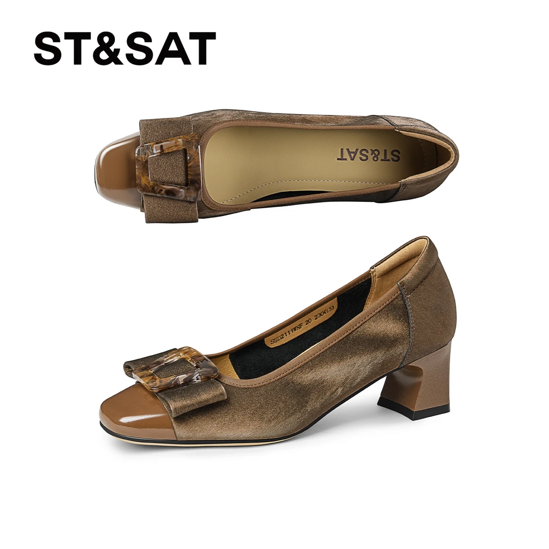 St&Sat/星期六时尚粗跟一脚蹬浅口单鞋方头蝴蝶结百搭中跟女鞋
