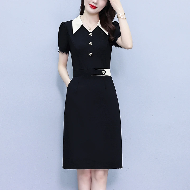 法式翻领连衣裙女2025夏季新款时尚拼接收腰显瘦中长裙黑色大码L