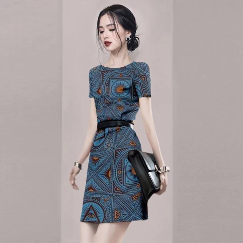 夏装2025新款短袖圆领小个子包臀一步短裙欧美复古印花连衣裙