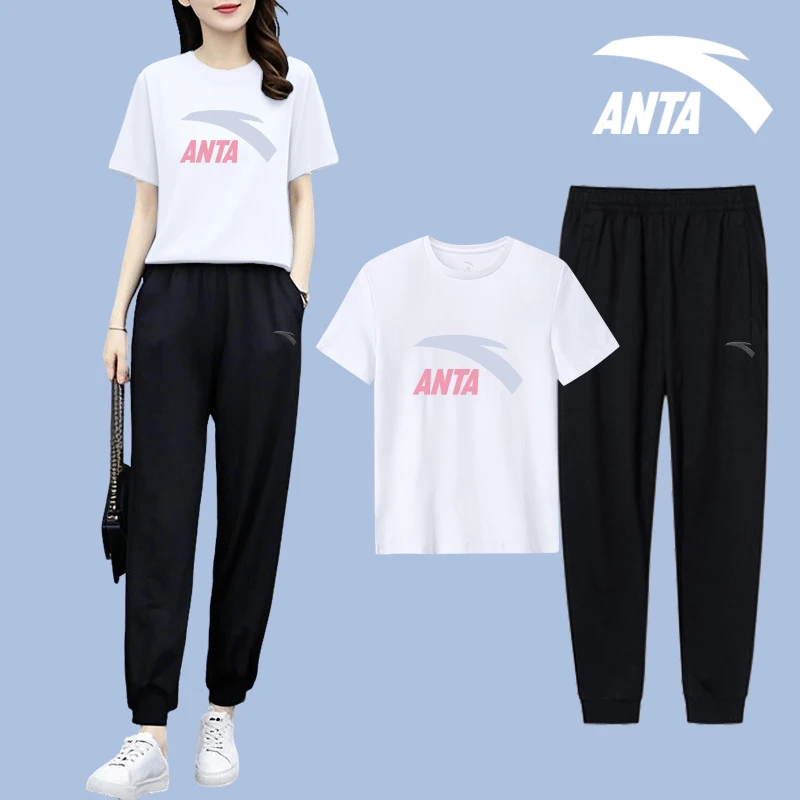 安踏运动休闲套装女2025夏季新款透气女士修身显瘦短袖长裤两件套