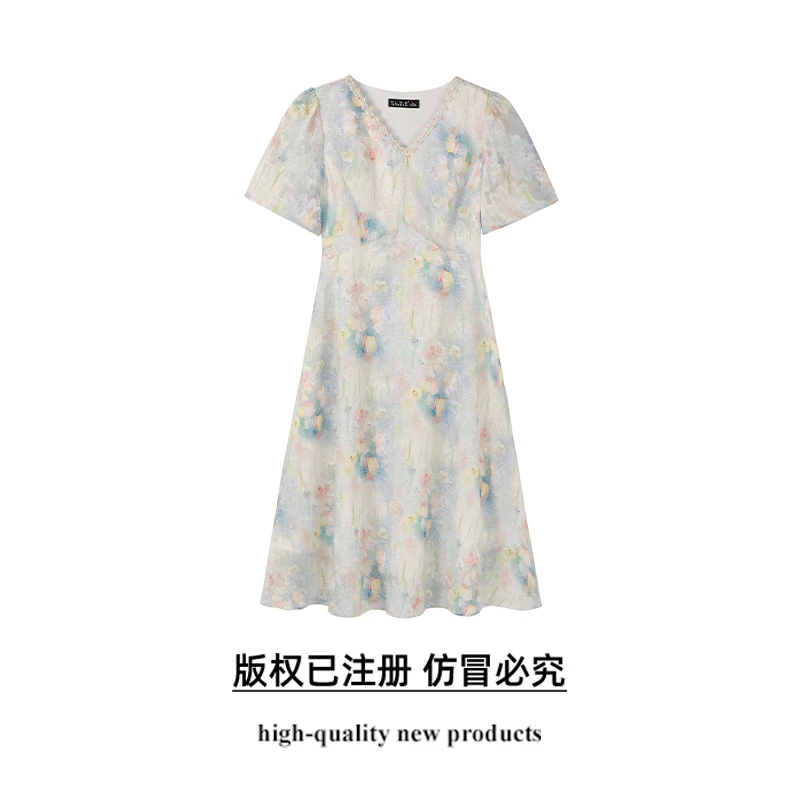奢姿大码女装2025夏季时尚V领短袖连衣裙胖妹妹气质碎花连衣裙
