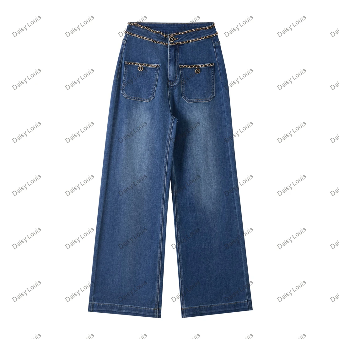 DAISYLOUIS- 25新款链条小香风牛仔裤高腰复古窄版阔腿裤子女