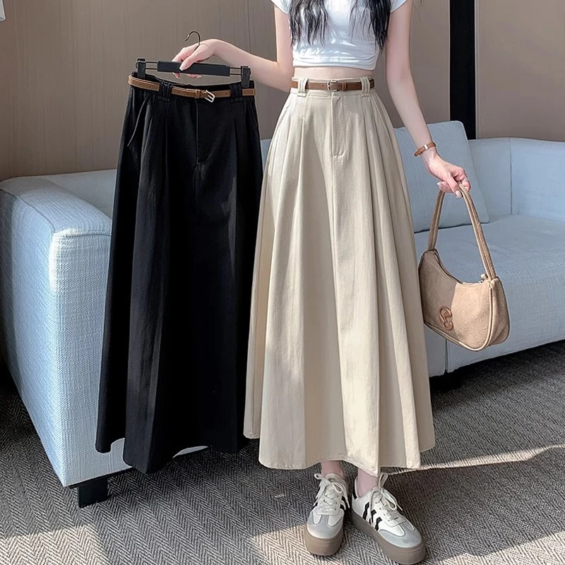 复古洗水棉百褶半身裙女夏季2025新款高腰显瘦中长款a字大摆伞裙