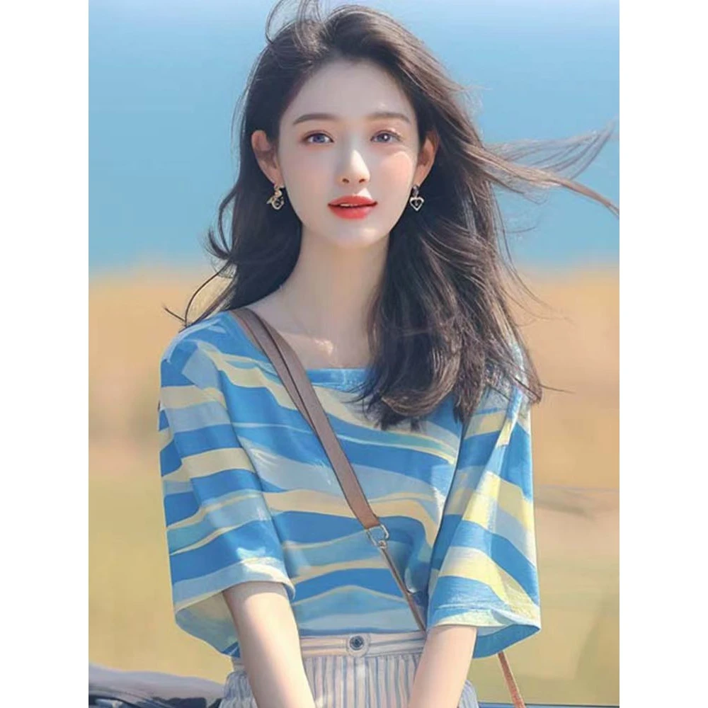 夏季韩系chic洋气时尚漂亮上衣宽松百搭显瘦蓝色条纹T恤女款