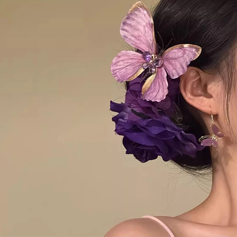 紫蝶悠悠~超仙氛围感气质花朵发夹女盘发大号鸭嘴夹发卡唯美头饰