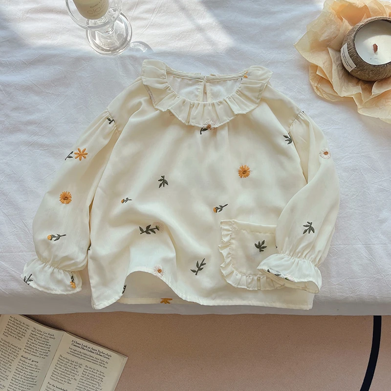 女童秋冬新款纯棉刺绣小花衬衫洋气甜美衬衣带内衬欧若风童装