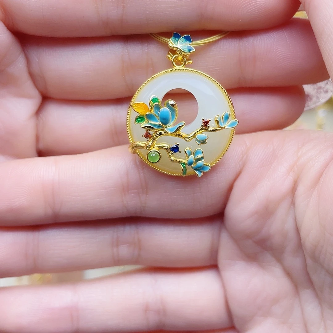 和田玉银S925镀金镶嵌颈饰