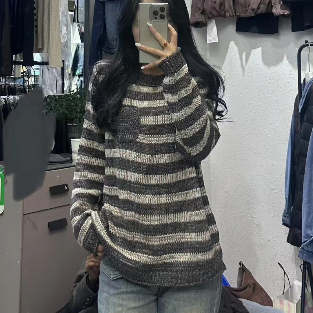 圆领冬季长袖条纹女套头毛针织衫秋季镂空套头款