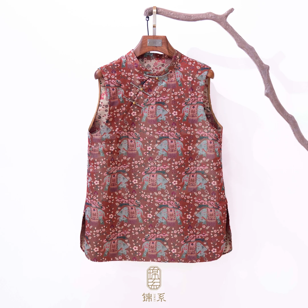 【锦系】32姆米蜀锦新中式国风桑蚕丝立领斜襟无袖上衣C-382960