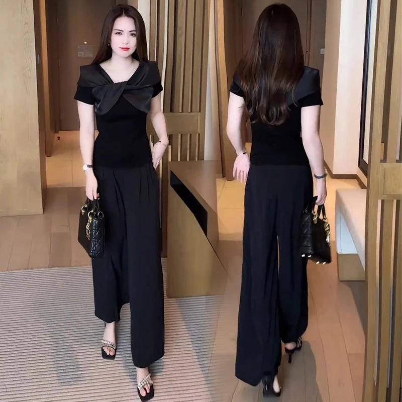 时尚套装夏季法式气质休闲减龄蝴蝶结T恤圆领短袖直筒裤两件套