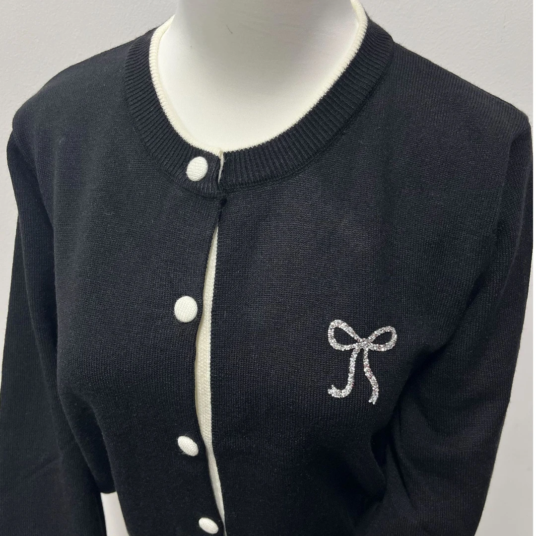 2025春季新款假两件针织开衫彩钻刺绣蝴蝶结显瘦ins时尚