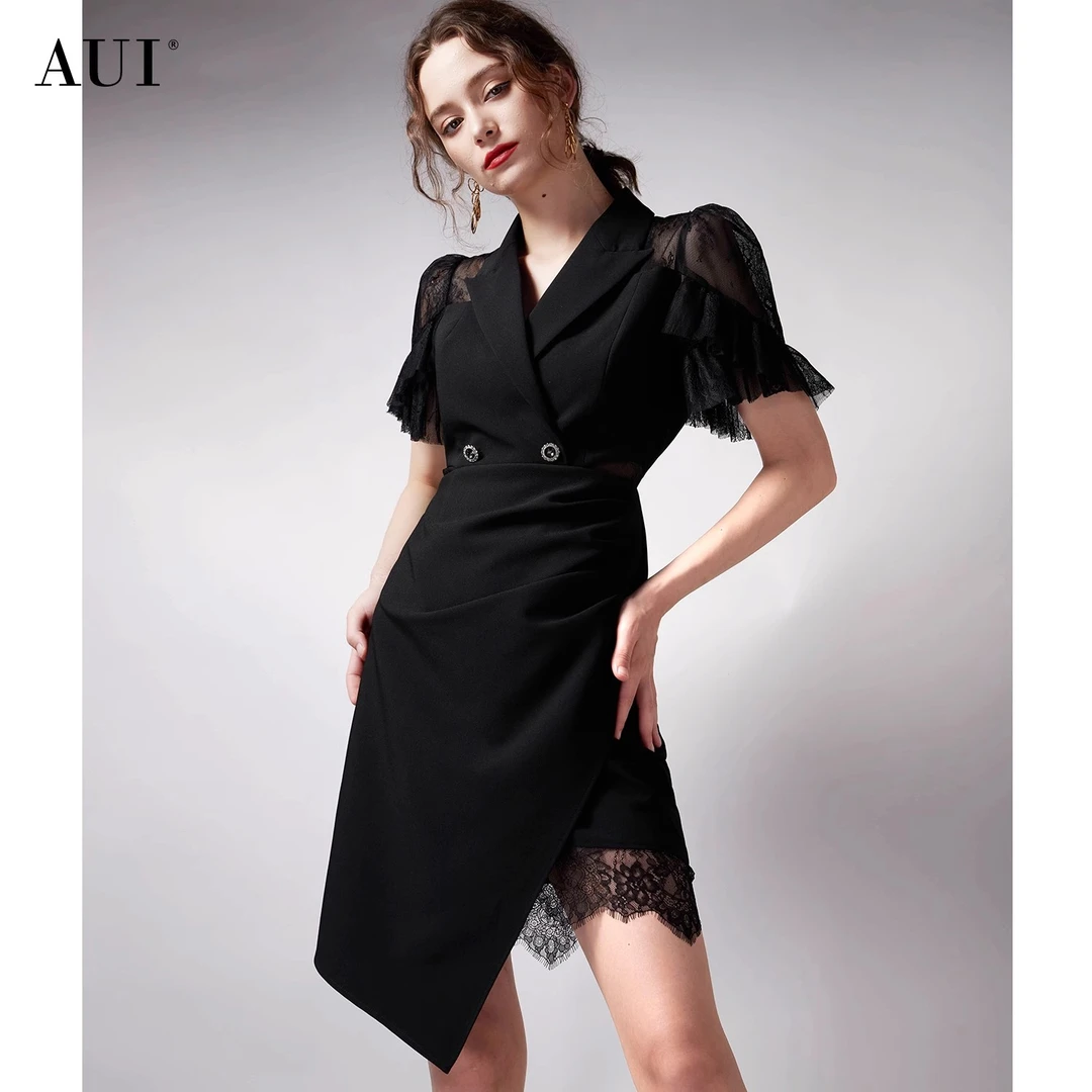 【媛媛女王专享】aui不规则黑色高端精致修身西装裙-24W014517