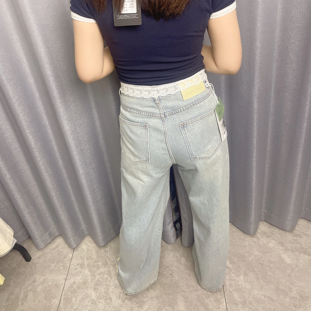 气质直筒拼蕾丝设计蓝色牛仔裤显瘦百搭休闲裤