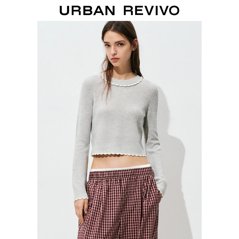 UR2025秋季新款女装休闲撞色花边短款针织衫UYL950165+