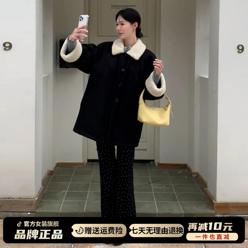 2025新款黑色高级感韩系加厚慵懒风羊羔毛毛绒外套女秋冬休闲百搭