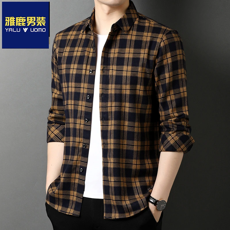 雅鹿男装长袖衬衣潮流韩版休闲男装衬衫春秋季款百搭格子磨毛寸衣