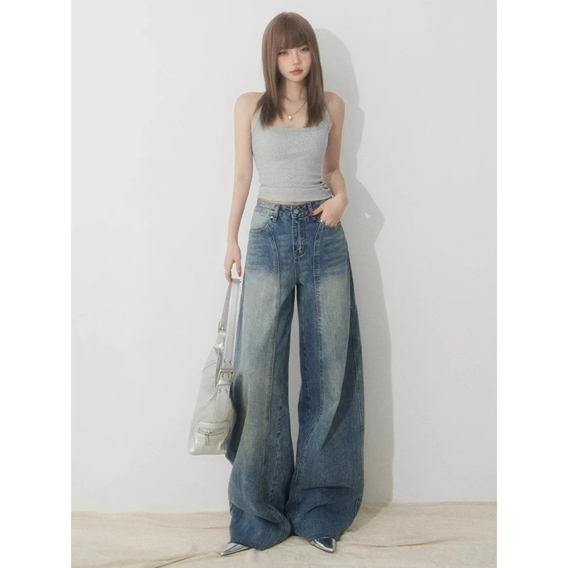 弄格美式复古高腰阔腿牛仔裤女2025秋季新款拼接磨白宽松弯刀裤子