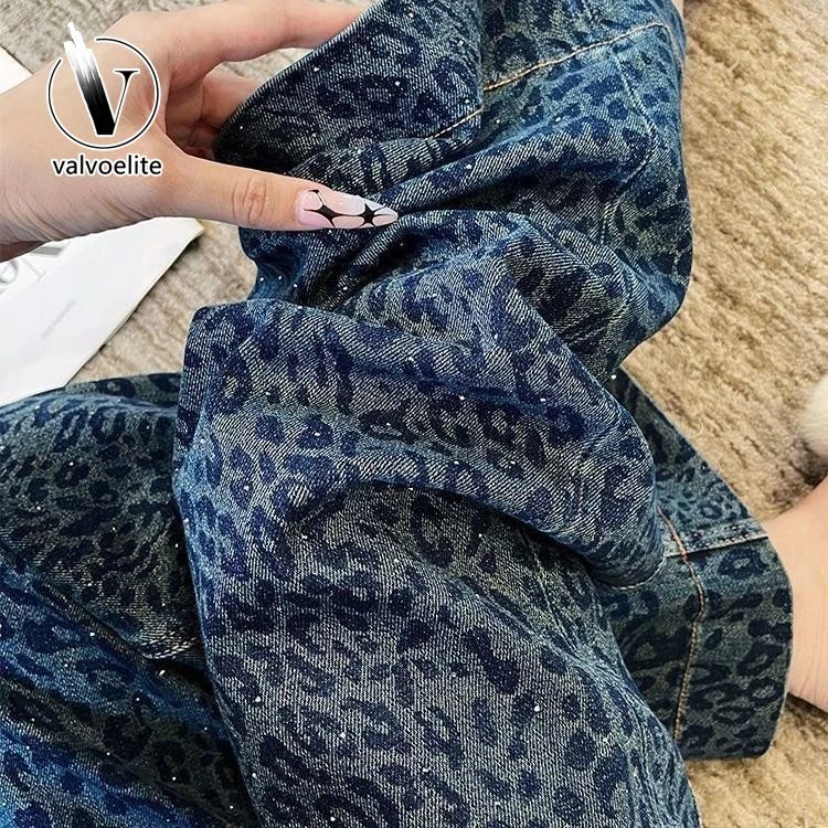 VALVOELITE豹纹高腰复古水洗阔腿牛仔女复古水洗高腰阔腿牛仔裤