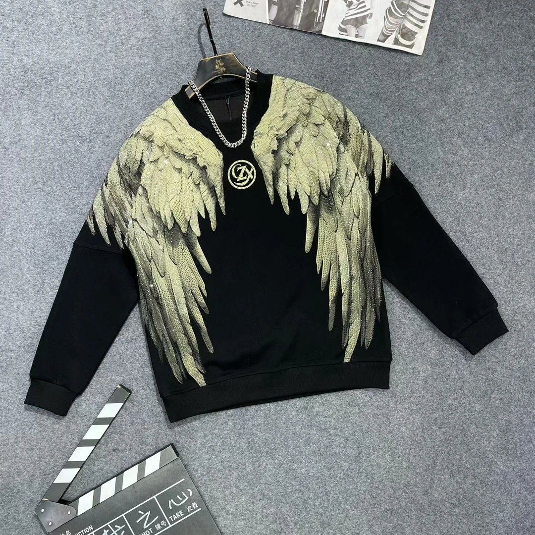 骁洋 12131 新款TC翅膀潮牌烫钻满钻卫衣男大码潮宽松韩版卫衣