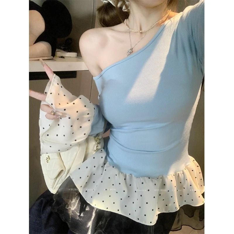 春秋款女装露肩蕾丝拼接T恤韩系收腰气质ins辣妹修身小众早秋上衣