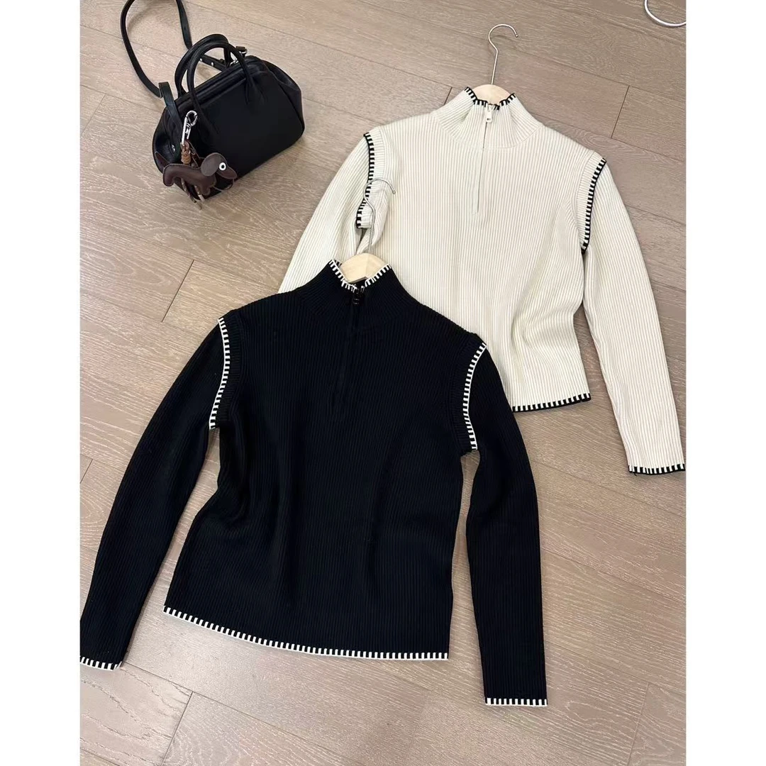 小众设计款极简百搭半拉链立领竖纹针织上衣 2411B5613