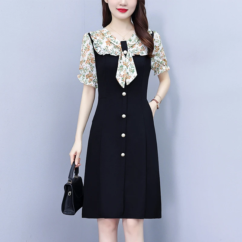 2025轻熟风大码女装胖mm雪纺拼接短袖中长款连衣裙夏季新款通勤