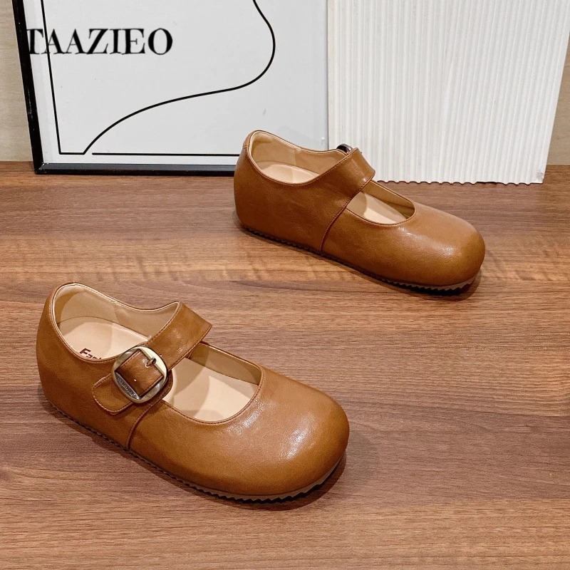 TAAZIEO复古厚底大头勃肯鞋女2025百搭新款内增高魔术贴小皮鞋玛