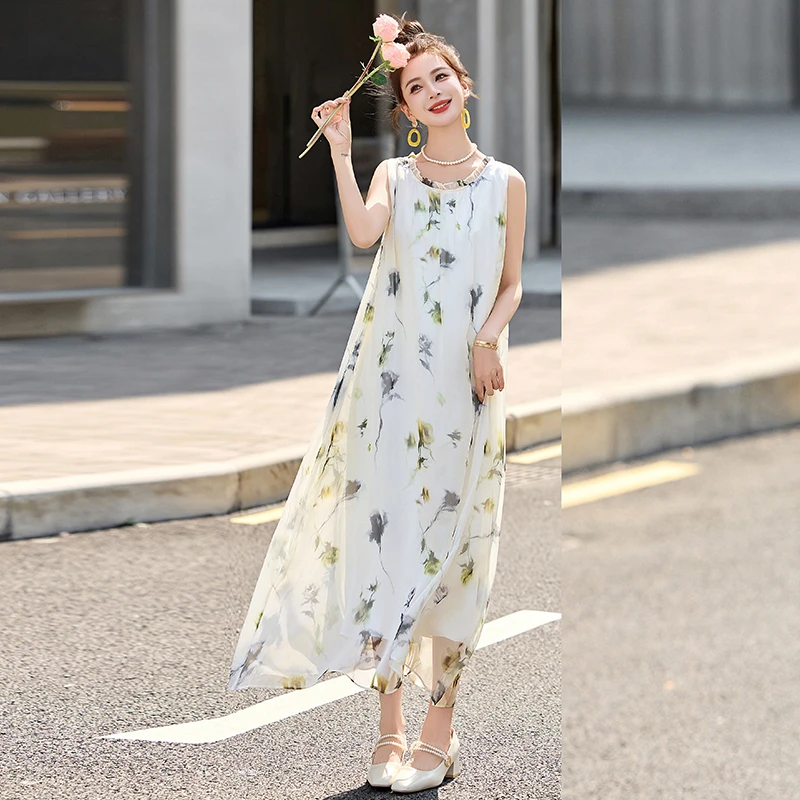 女装优雅气质宽松腰裙子夏季显瘦碎花无袖连衣裙时尚复古中长款