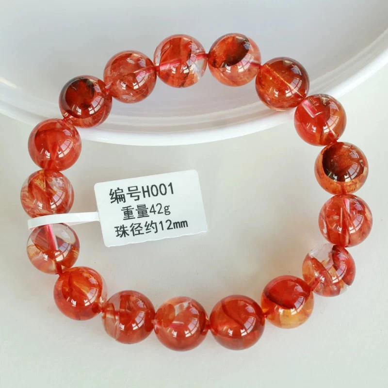 天然红胶花水晶手链手串男女情侣款牛血红鸩羽红胶黄胶花火彩凤凰