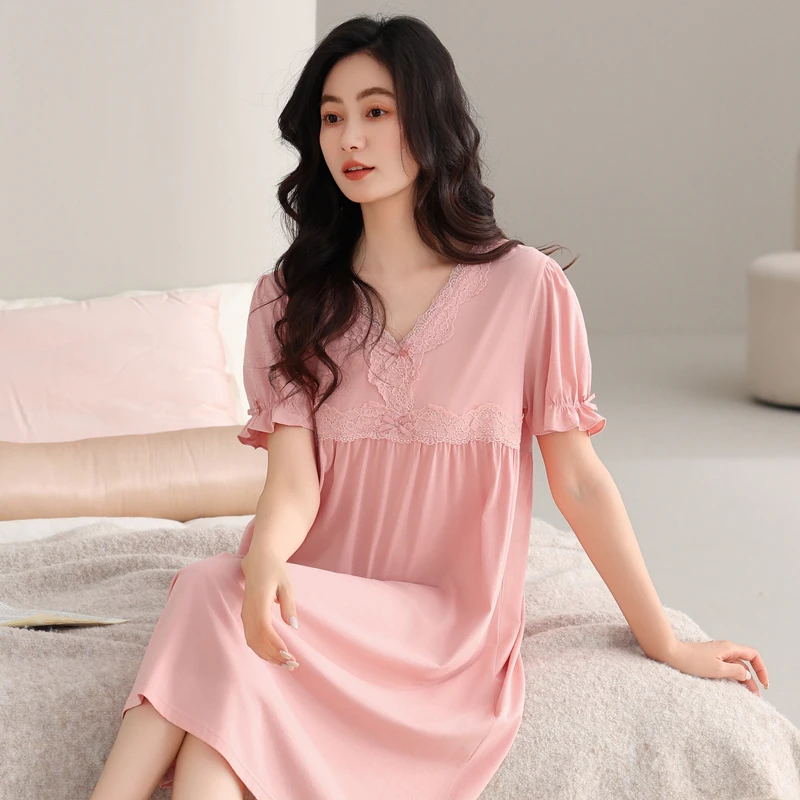 睡裙女莫代尔夏薄款外穿短袖女士宽松大码夏天夏季新款中长款睡衣