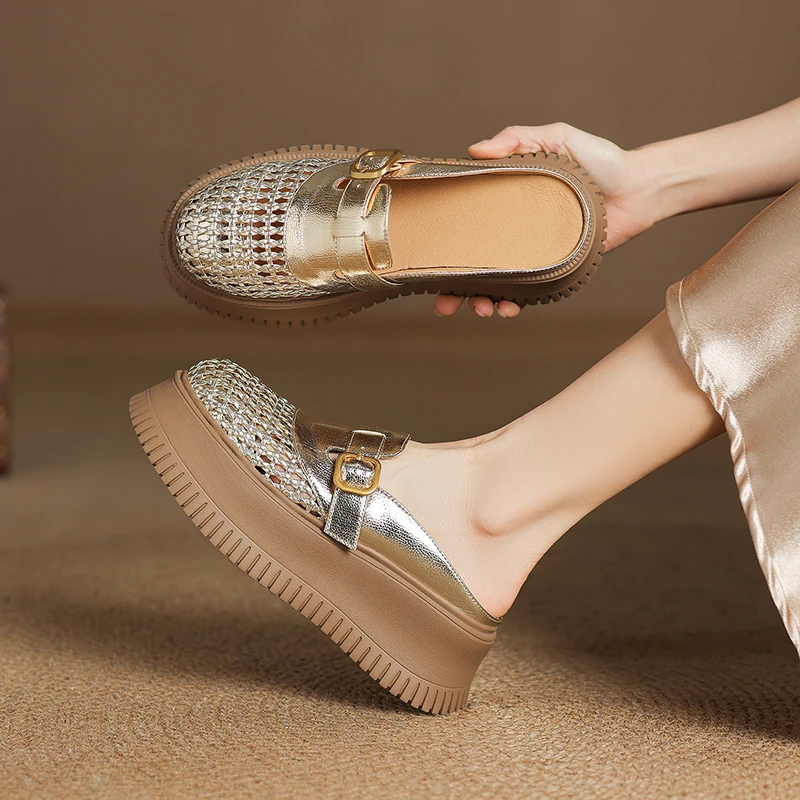 6cm厚底包头半拖鞋女夏2025新款外穿编织镂空真皮一脚蹬懒人凉拖