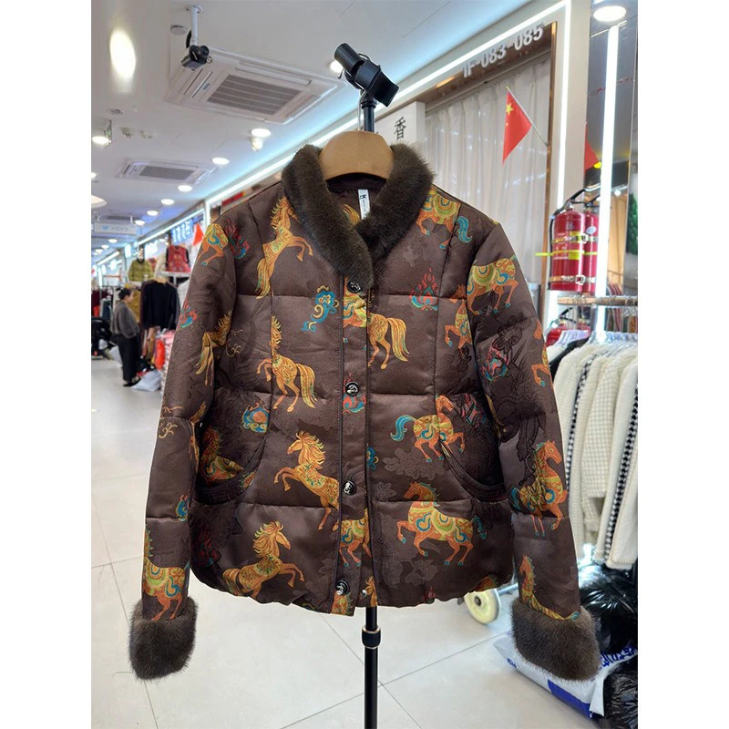 时尚妈妈装冬季毛领提花羽绒服新款中老年女冬装厚款国风鸭绒上衣